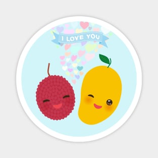 Kawaii lychee and mango with pink cheeks and winking eyes Magnet